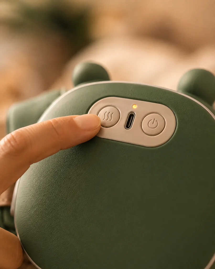 A fingertip pressing the heat key on the control panel of the massager, the indicator lit