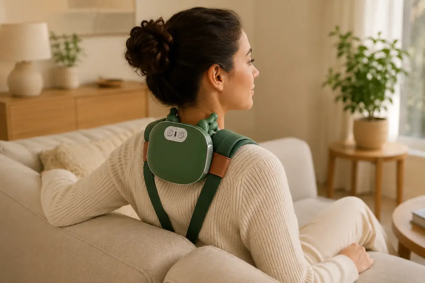 A woman sitting back on a pale sofa wearing the Nodly massager over her shoulders, one arm along the sofa back and both hands free