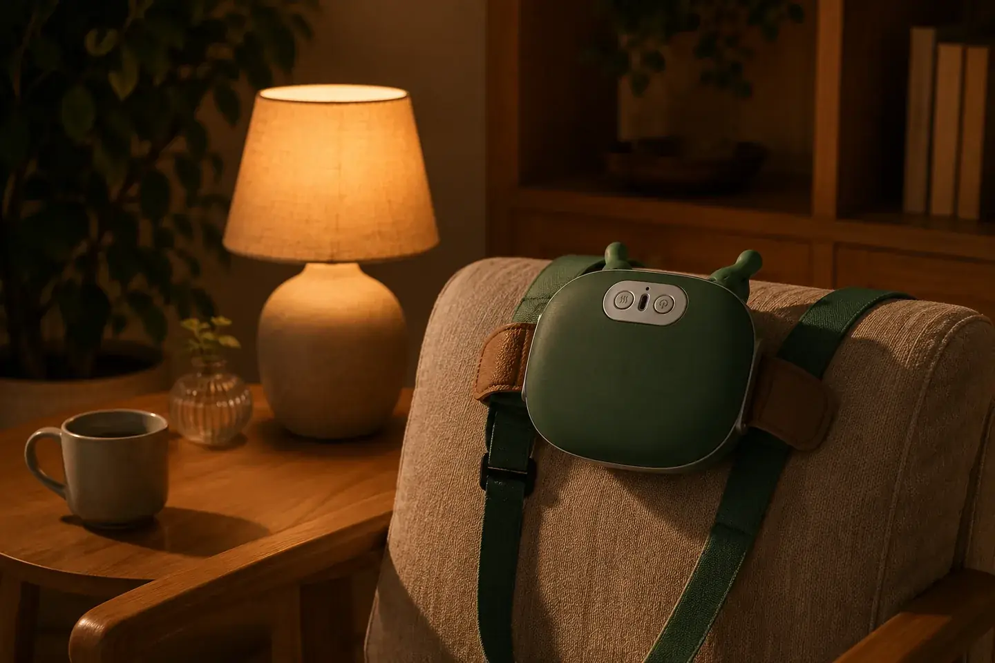 The massager draped over an armchair in a living-room corner at night, a lit lamp and a mug on the side table