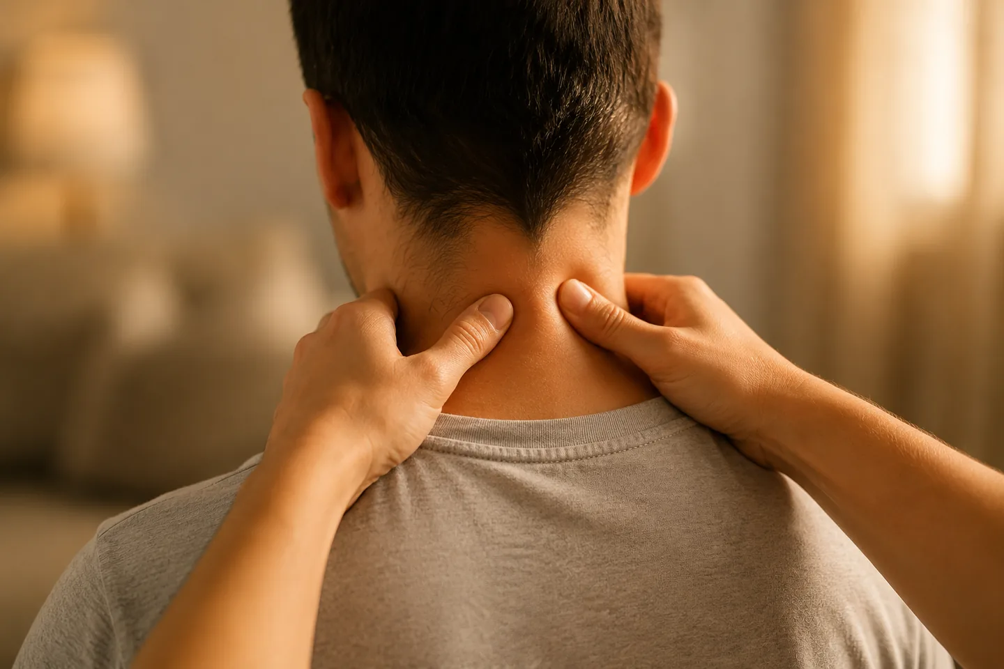 A person seen from behind pressing both thumbs into the base of their own neck, with no device in the frame