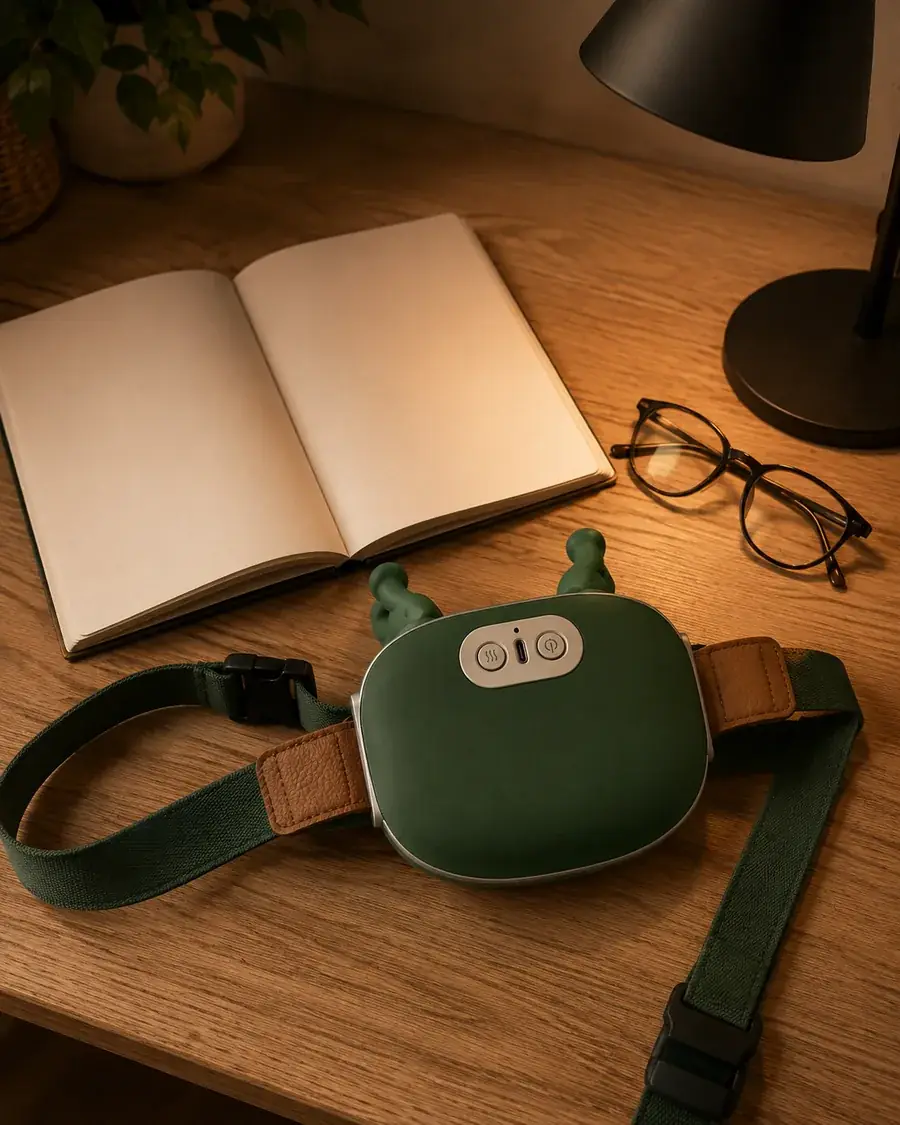 The massager on a desk beside an open booklet and a pair of glasses, lit by a lamp
