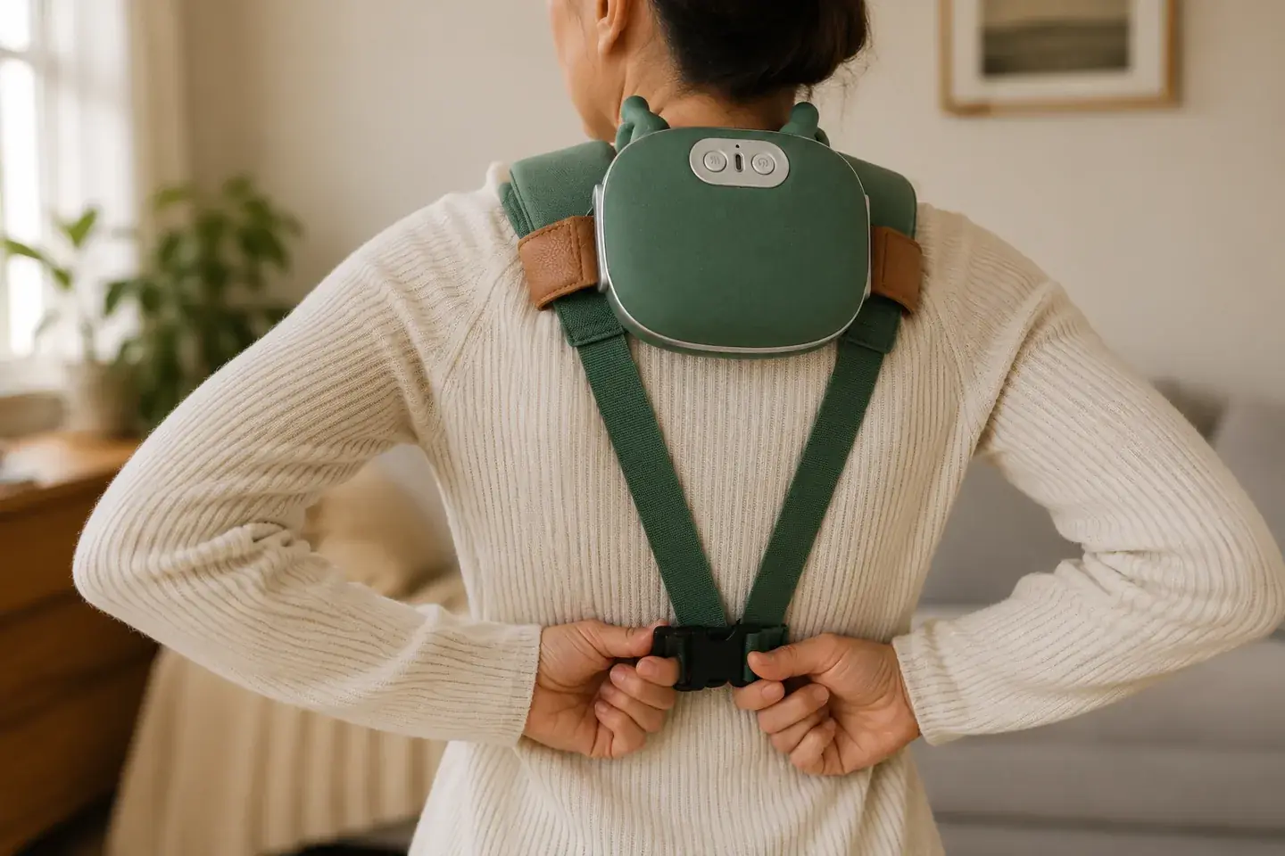 A person seen from behind in a cream sweater, both hands closing the black buckle of the Nodly massager's crossed straps at the small of the back