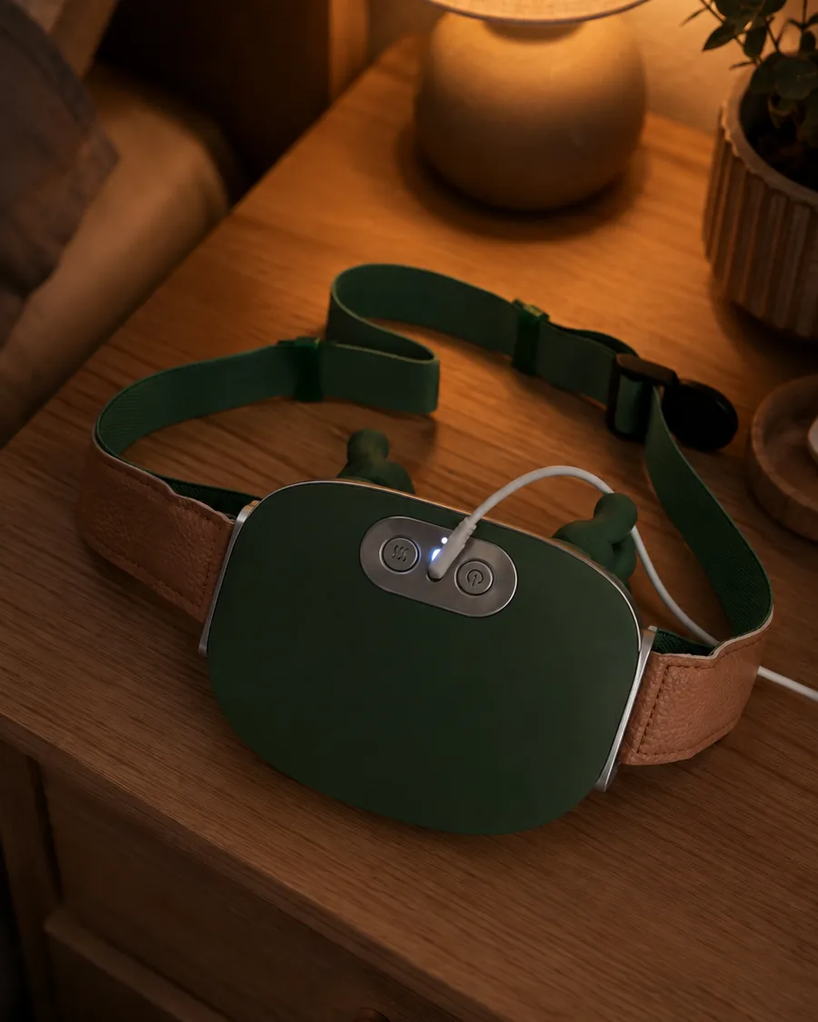 The massager on a bedside table with its cable plugged into the control panel, a small lamp lit behind it