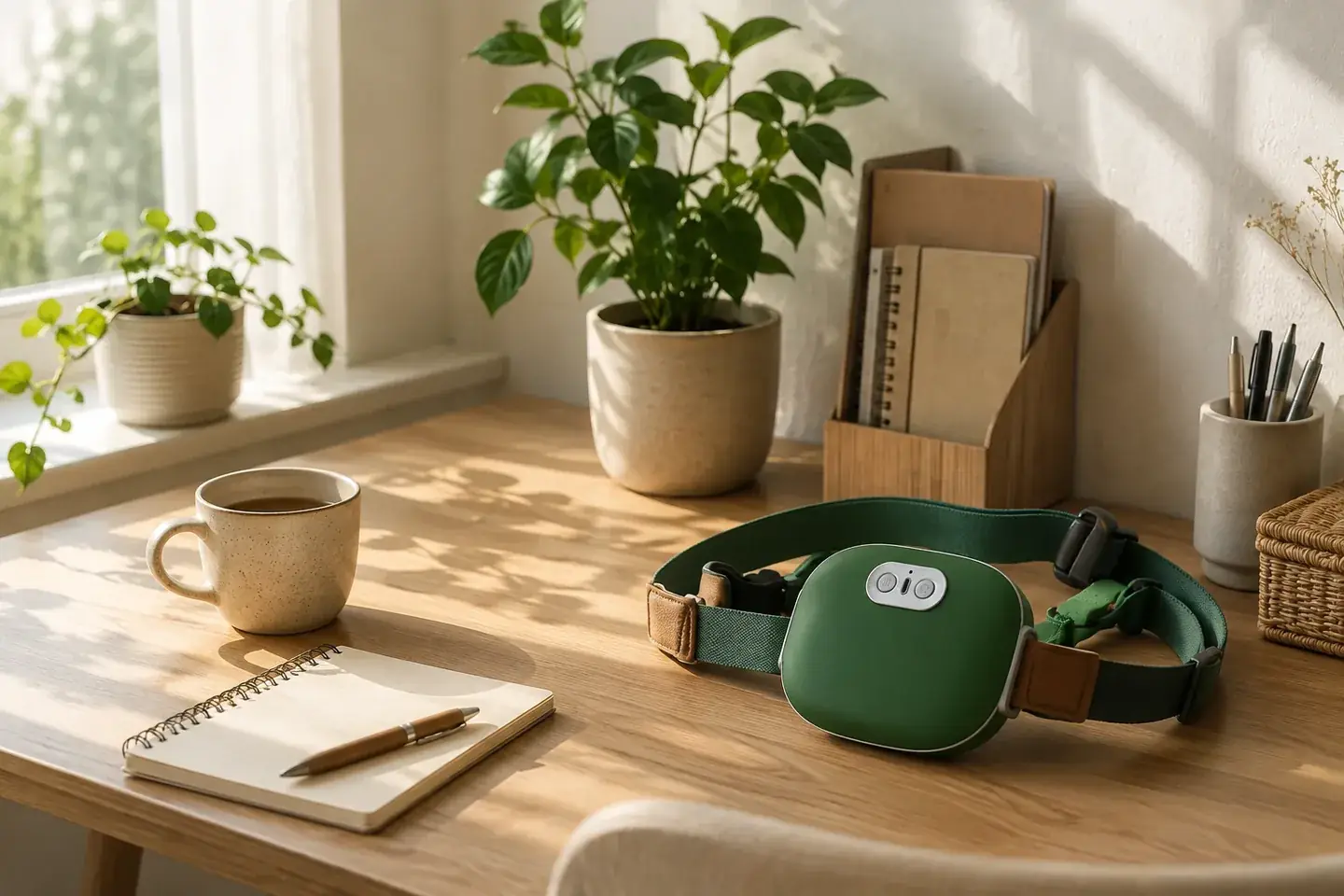 A sunlit wooden desk corner with a plant, a mug, a spiral notebook and the massager resting beside them