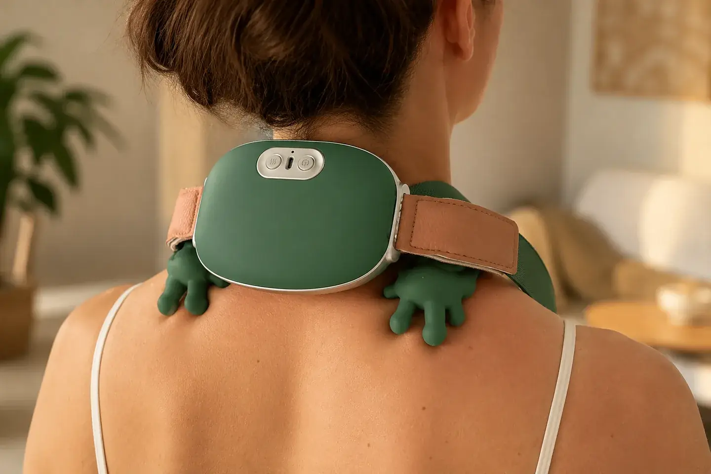 Close view from behind of the Nodly massager on bare shoulders, its two green silicone heads resting on the trapezius either side of the neck