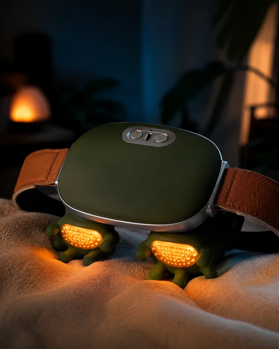 The underside of the massager lifted away from the skin, its two heating plates glowing amber in a dark room