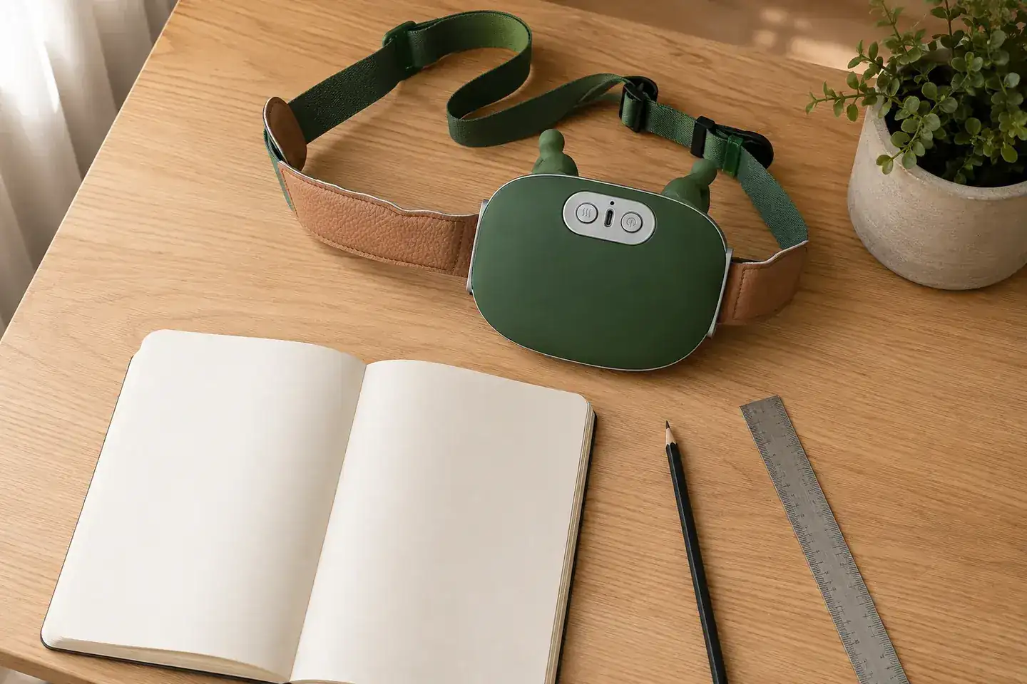 The Nodly massager unbuckled on a wooden desk beside an open blank notebook, a black pencil and a steel ruler