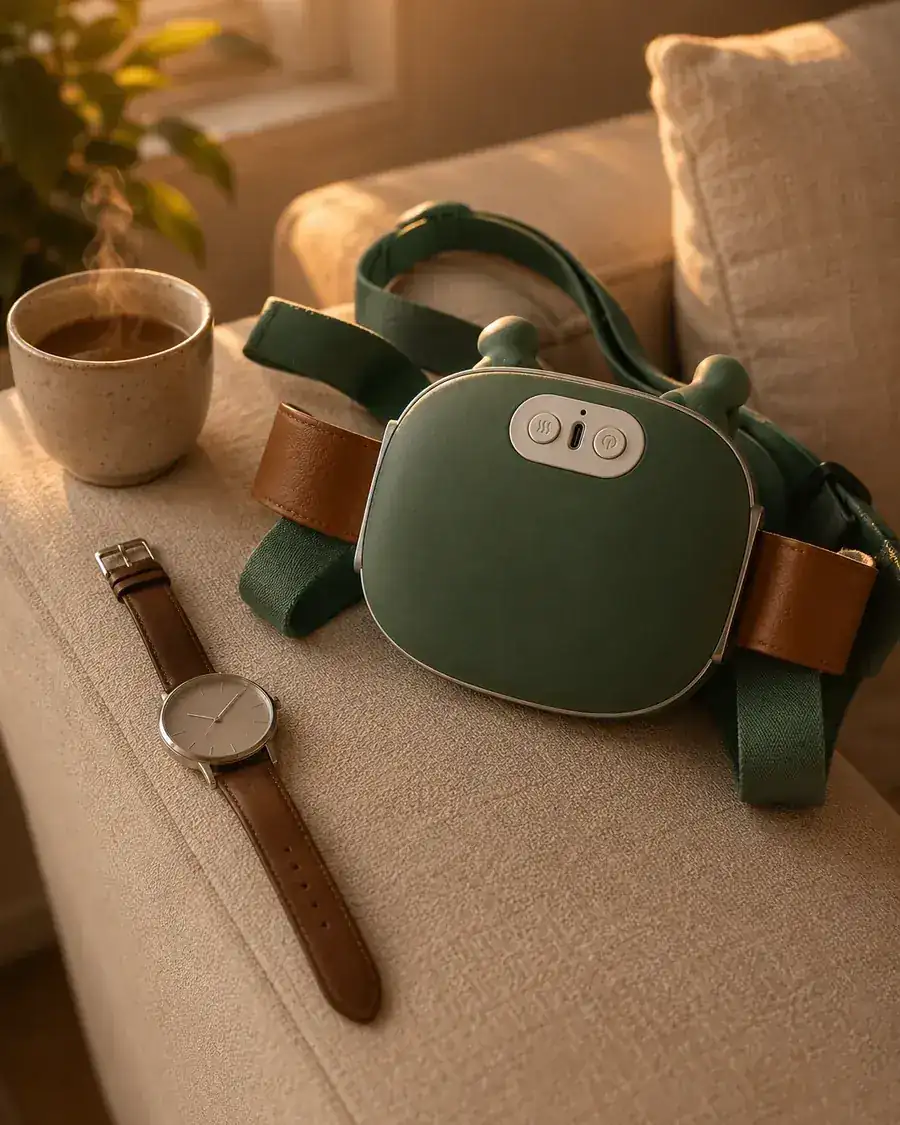The massager laid on the arm of a sofa beside a cup of coffee and a wristwatch