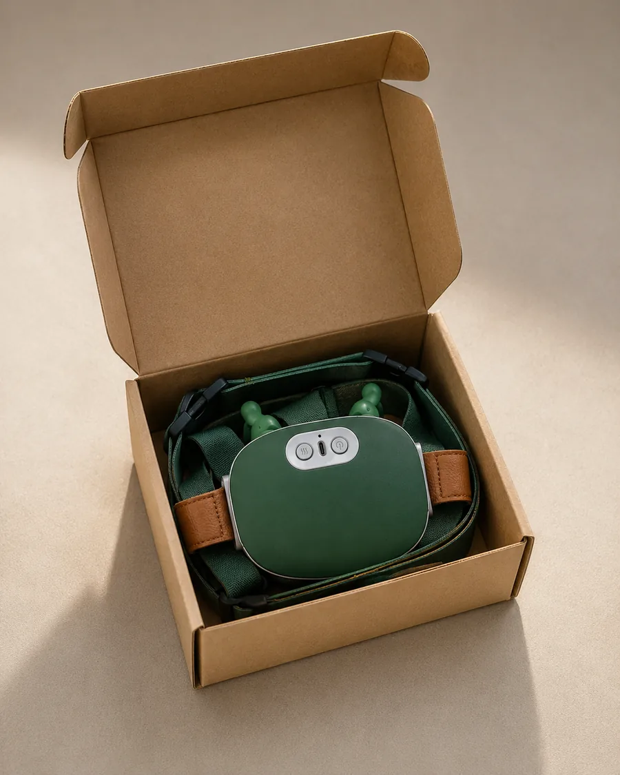 The massager in its open kraft cardboard box, the strap coiled beside it