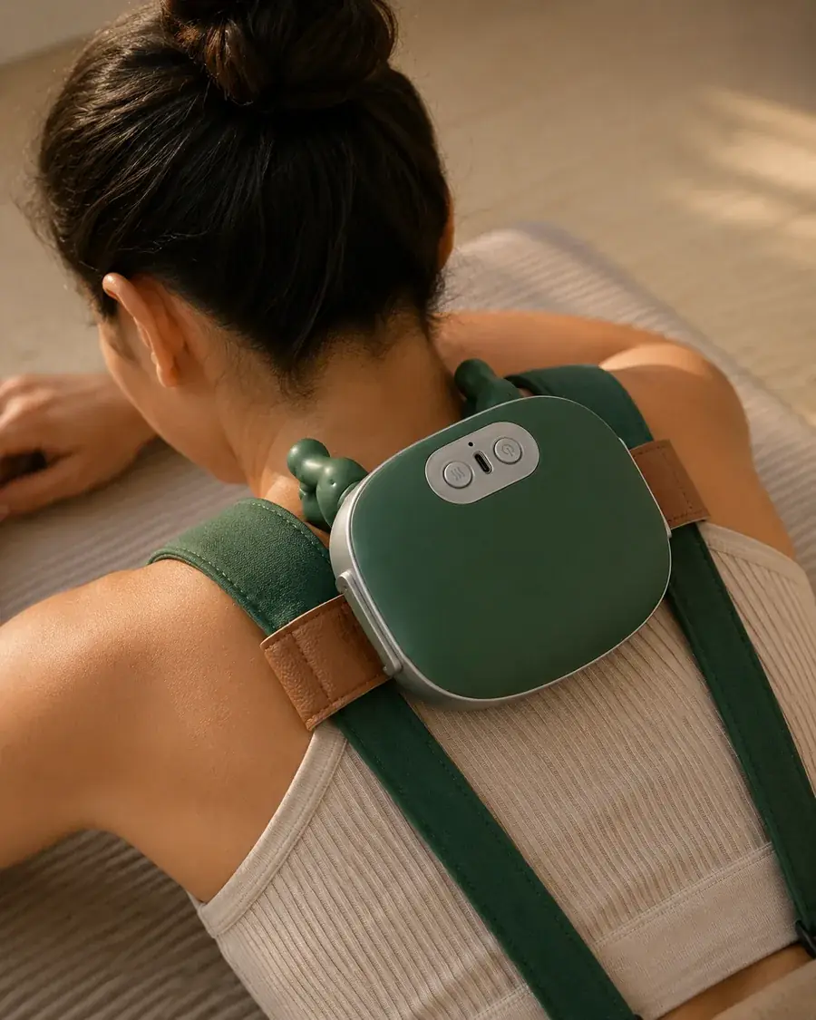 The device around the base of the neck, seen from above, while the person rests on a forearm