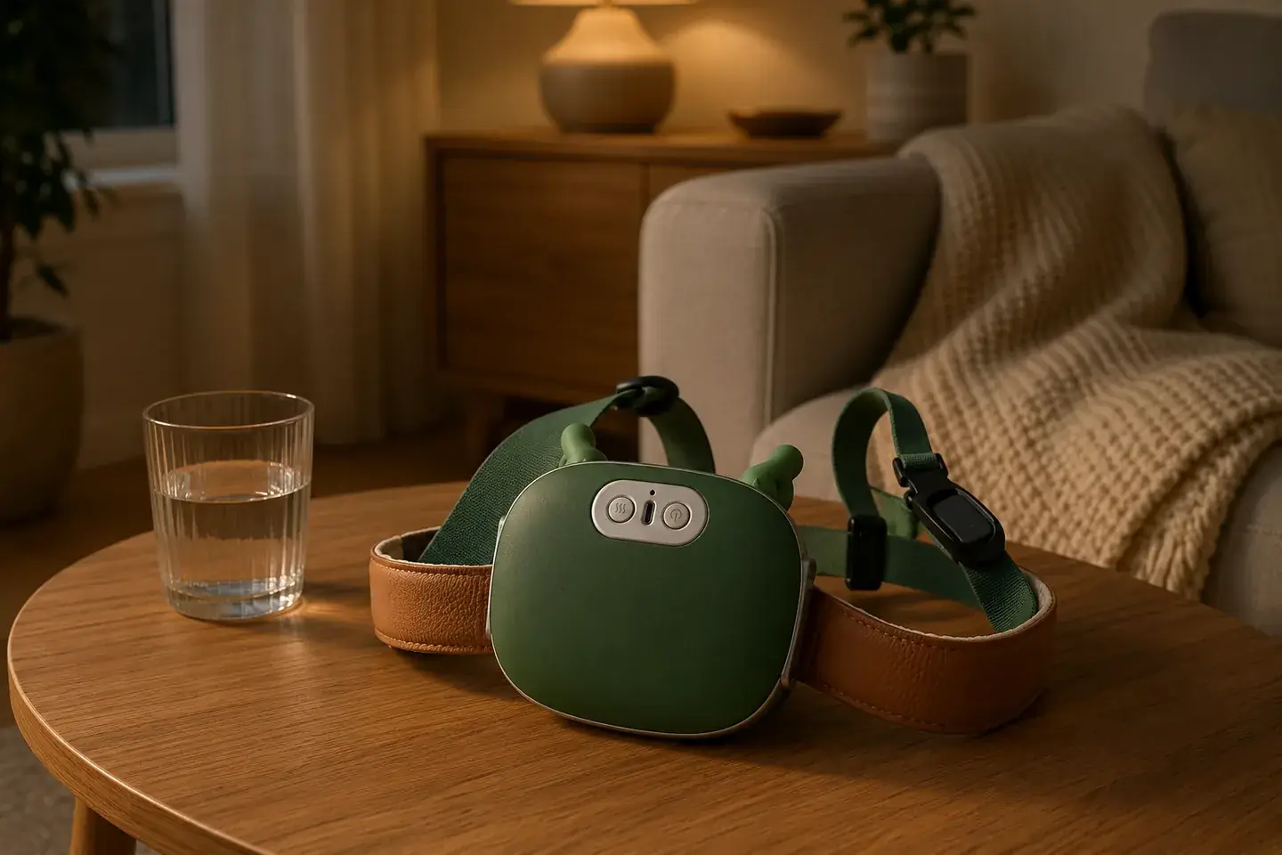 The massager switched off on a round wooden coffee table beside a glass of water