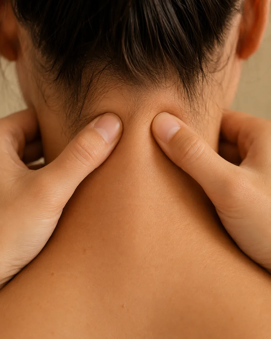 Close view of two thumbs pressing either side of the spine at the base of a bare neck
