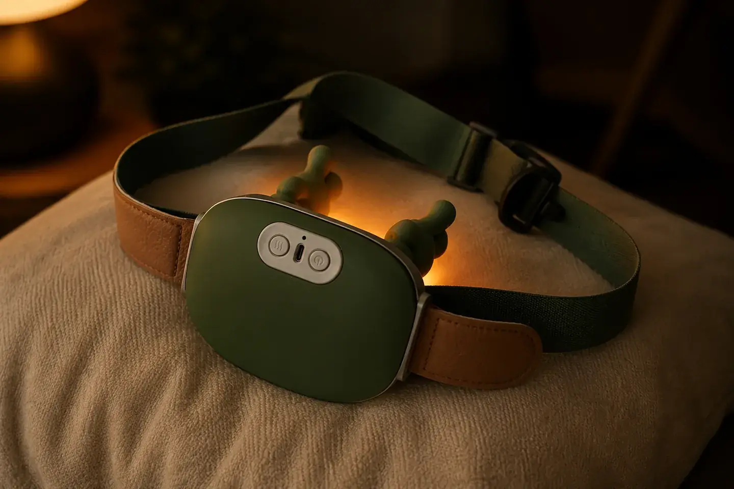 The massager resting on a cushion in a dark room, warm light escaping from beneath its two heads