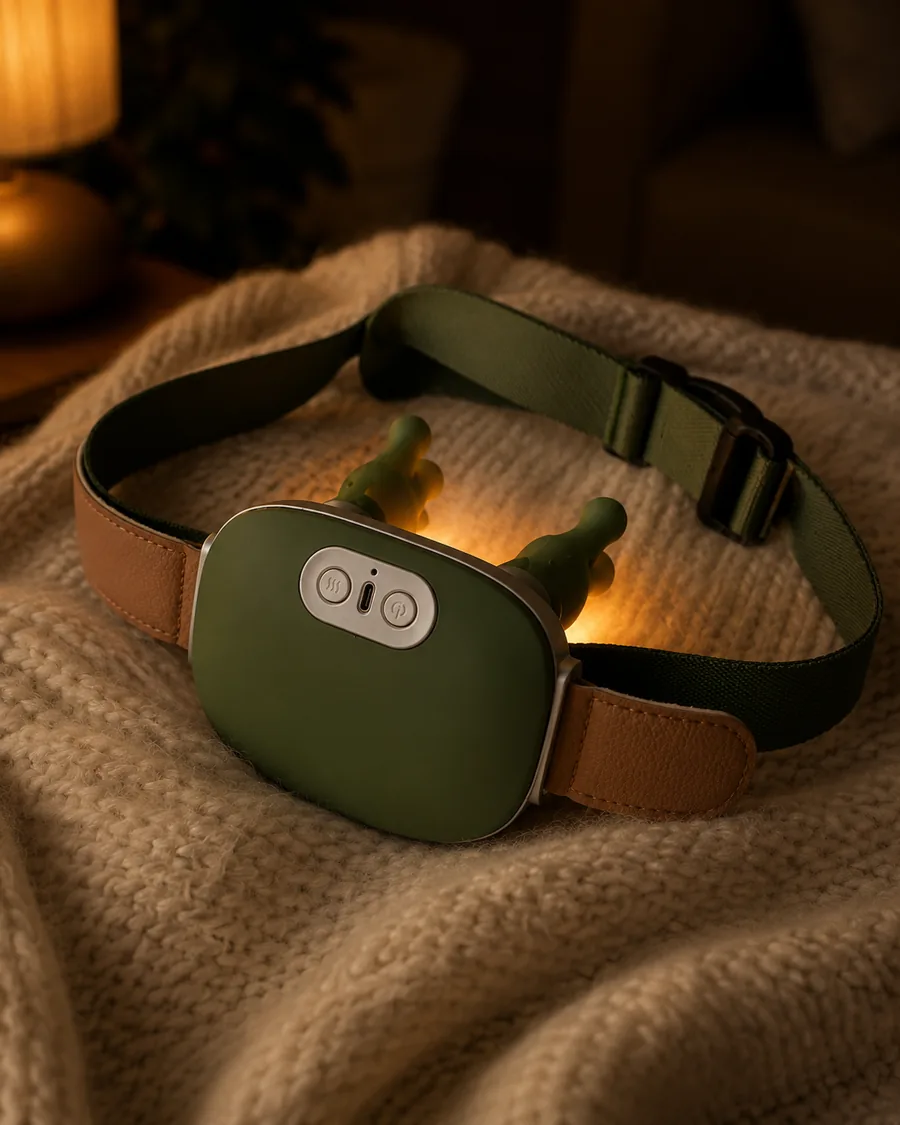 The massager resting on a wool blanket, warm light glowing from beneath its two heads