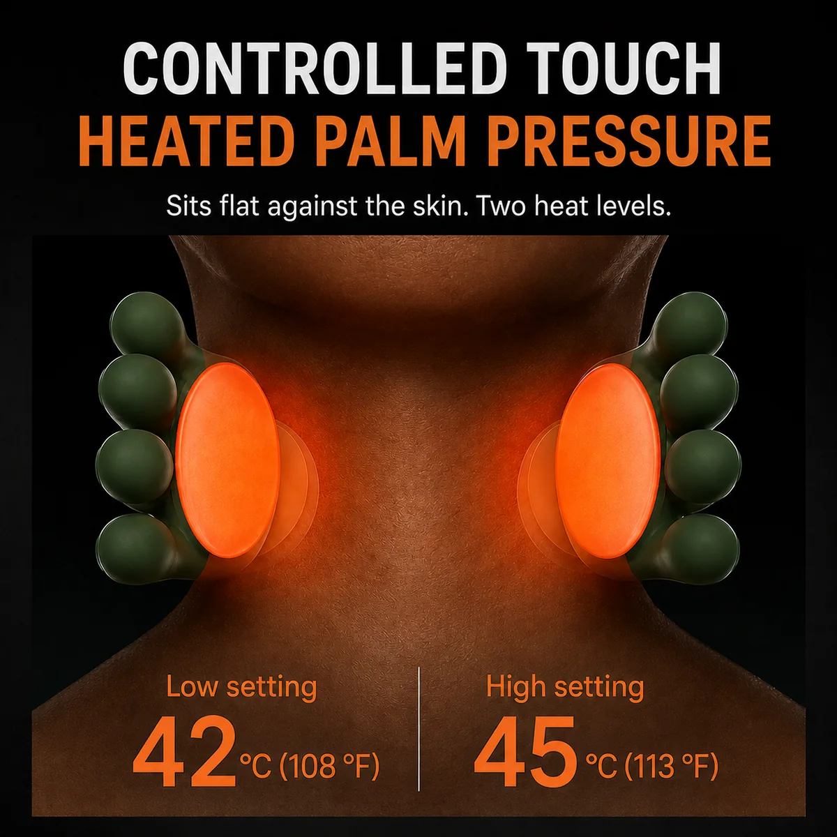 The two heated pads of the massager glowing orange either side of a neck, low setting 42 °C and high setting 45 °C