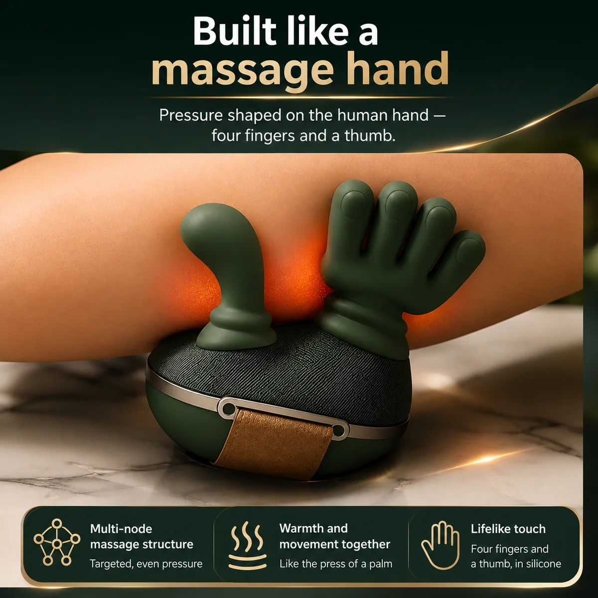 The two heads of the massager, one thumb-shaped and one with four fingers, pressing on a forearm