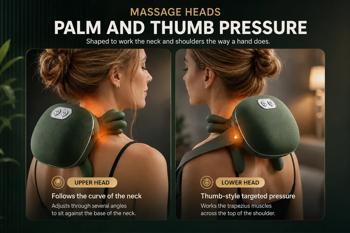 Two panels showing the massager worn at the neck: the upper head follows the curve of the neck, the lower head presses on the trapezius