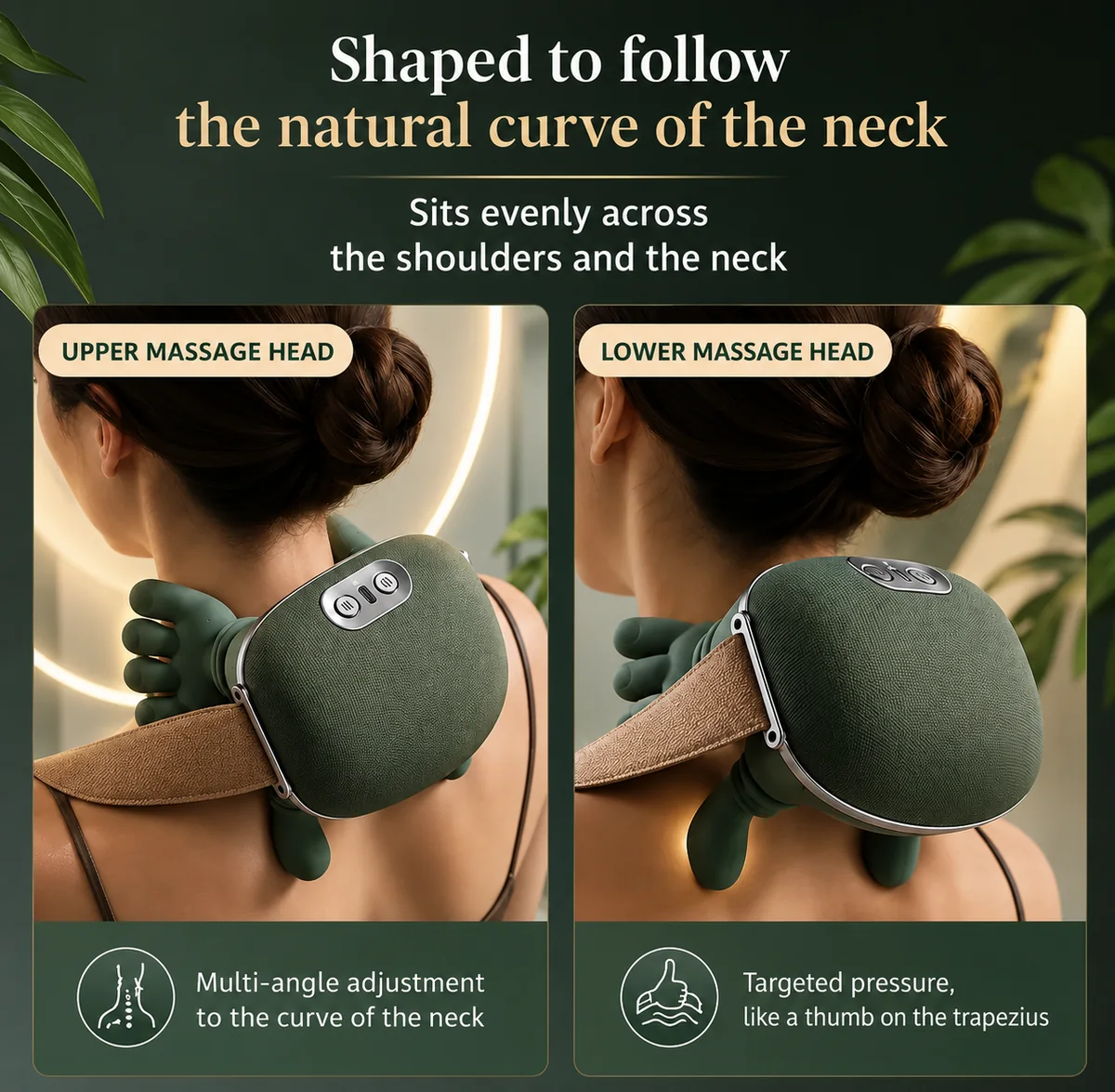The massager seen from behind on the shoulders, upper massage head on one side and lower massage head on the other