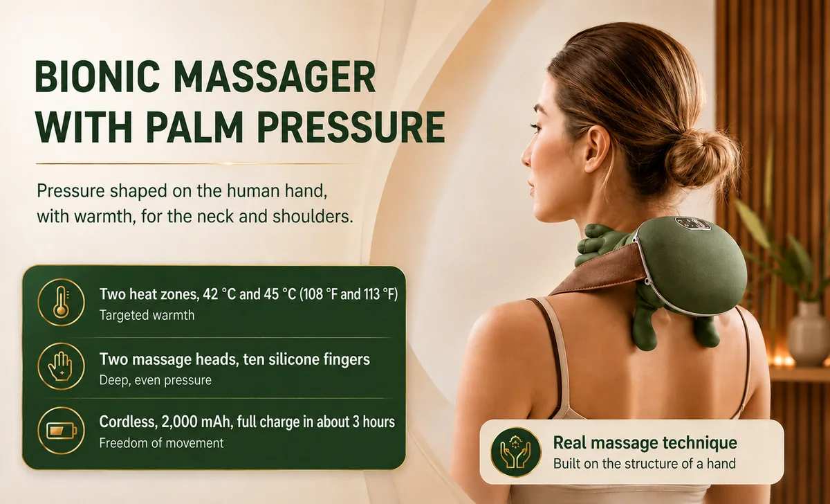 The massager worn over the shoulder, with its 42-45 °C heat, its two heads carrying ten fingers and its cordless battery